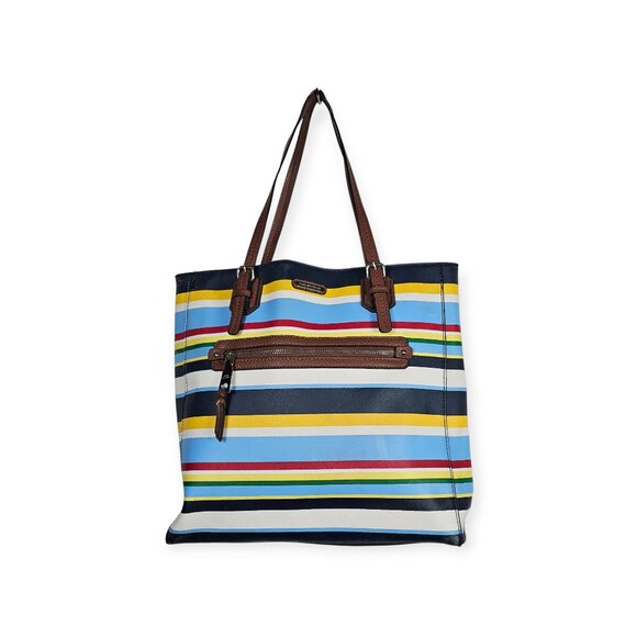 Dana Buchman Multicolor Stripe Tote With Brown Faux Leather Straps & Zip Pocket - Picture 2 of 16